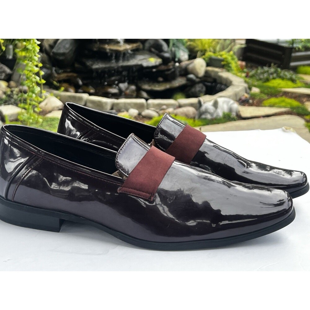 Mens Dress Shoes Calvin Klein Burgundy Patent Loafers Size 13M Oxblood Slip On
